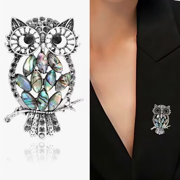 🦉 Silver Owl Brooch with Crystals &  Abalone Accents 🦉 - Picture 3 of 7